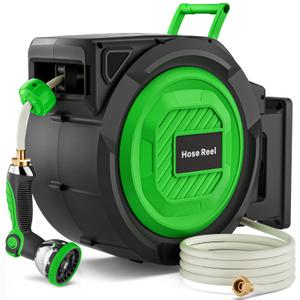 Retractable Garden Hose Reel, 1/2 in x 100 ft Heavy Duty Wall-Mounted Hose Reel with 180° Swivel Bracket, 10-Pattern Nozzle, Automatic Slow Return System, Any Length Lock for outside Watering,Cleaning
