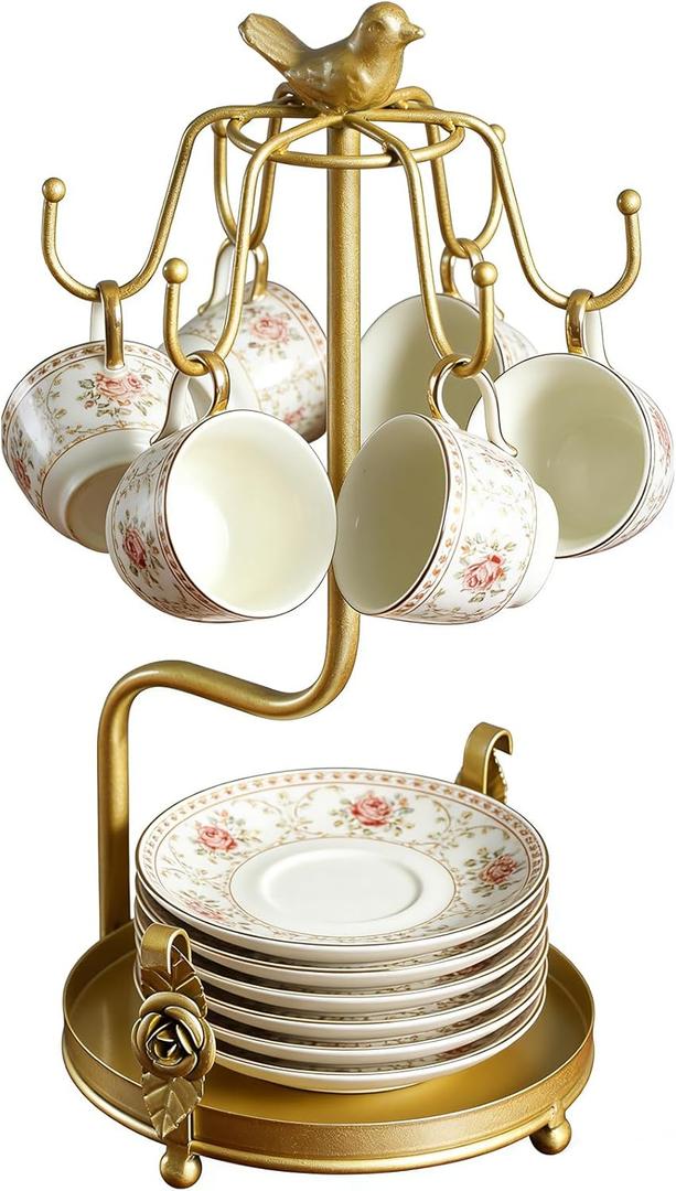 Coffee Mug Tree, Coffee Cup Holder for Countertop with 6 Hooks, Tea Cup Holder with Small Storage Area Metal Mug Rack Display for Counter Top Kitchen Organizer,Gold