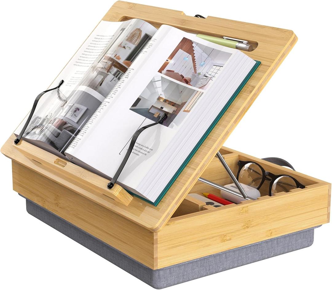 AboveTEK Book Stand for Reading with Storage, Adjustable Bamboo Book Holder with Soft Lap Cushion, Cookbook Stand, Hands-Free Book Reading Stand for Bed, Desktop & Kitchen Counter