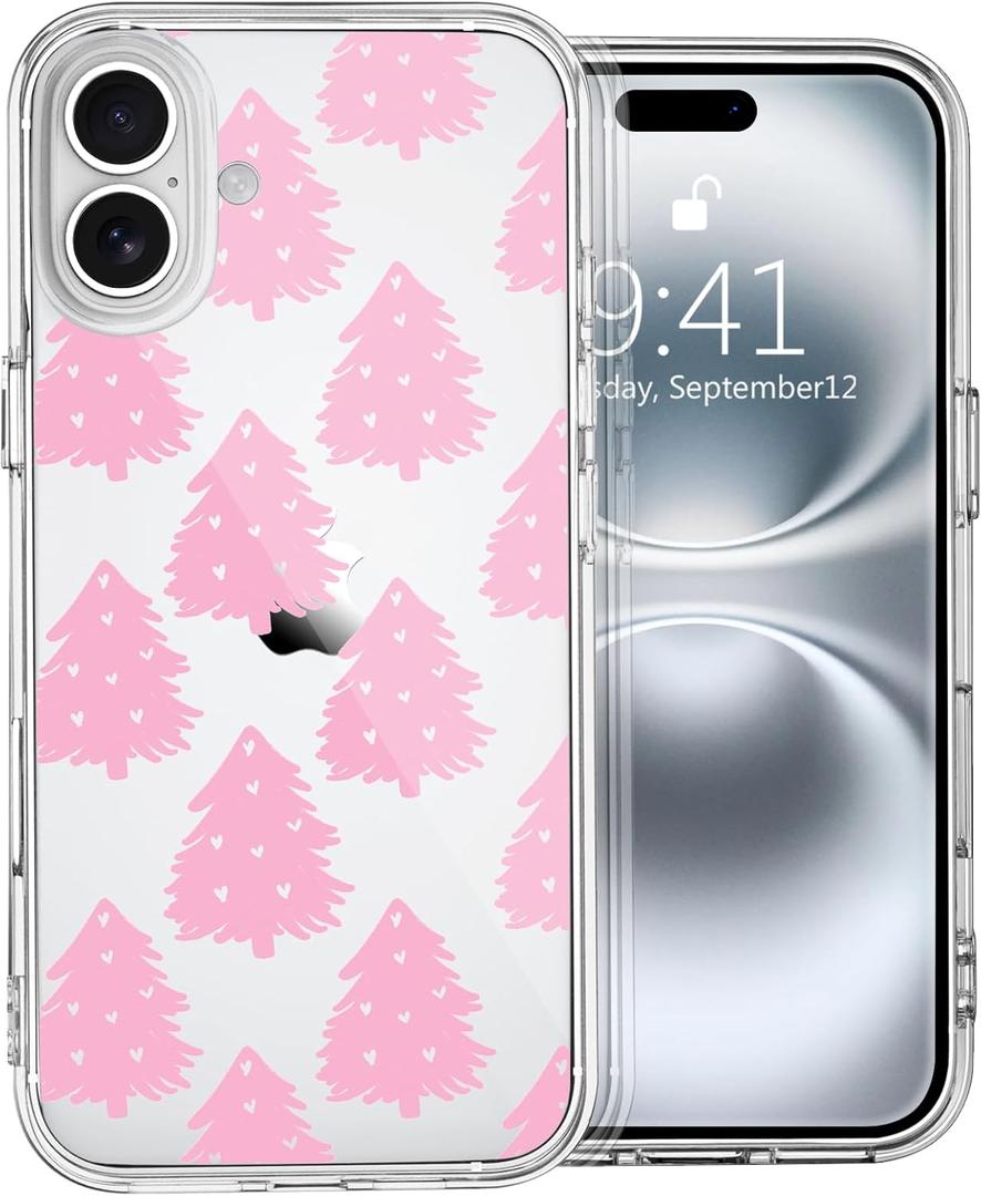 MAYCARI for iPhone 16 Plus Case Christmas Phone Case Pink Xmas Trees Clear Case Anti-Scratch Shockproof Slim Soft TPU Phone Case Cover for Apple iPhone 16 Plus Winter Xmas Theme Phone Case Series