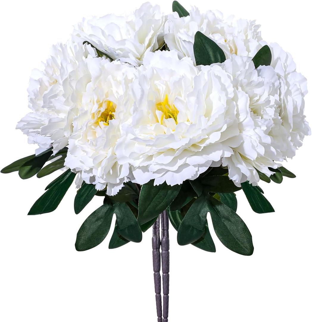 White Premium Silk Artificial Peonies, 2 Bouquets (10 Large 5.12" Heads), 13.78" Tall Fake Floral Arrangements for Wedding Centerpieces, Home Decor & Indoor Vase Display