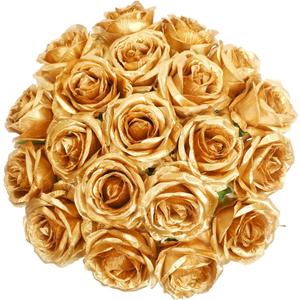 JUSTOYOU 10 PCS Artificial Roses Flowers, Realistic Blossom Roses, Real Touch Silk Rose, Single Fake Flower Long Stem Bouquets for Home Wedding Party Decoration (10Pcs, Gold)