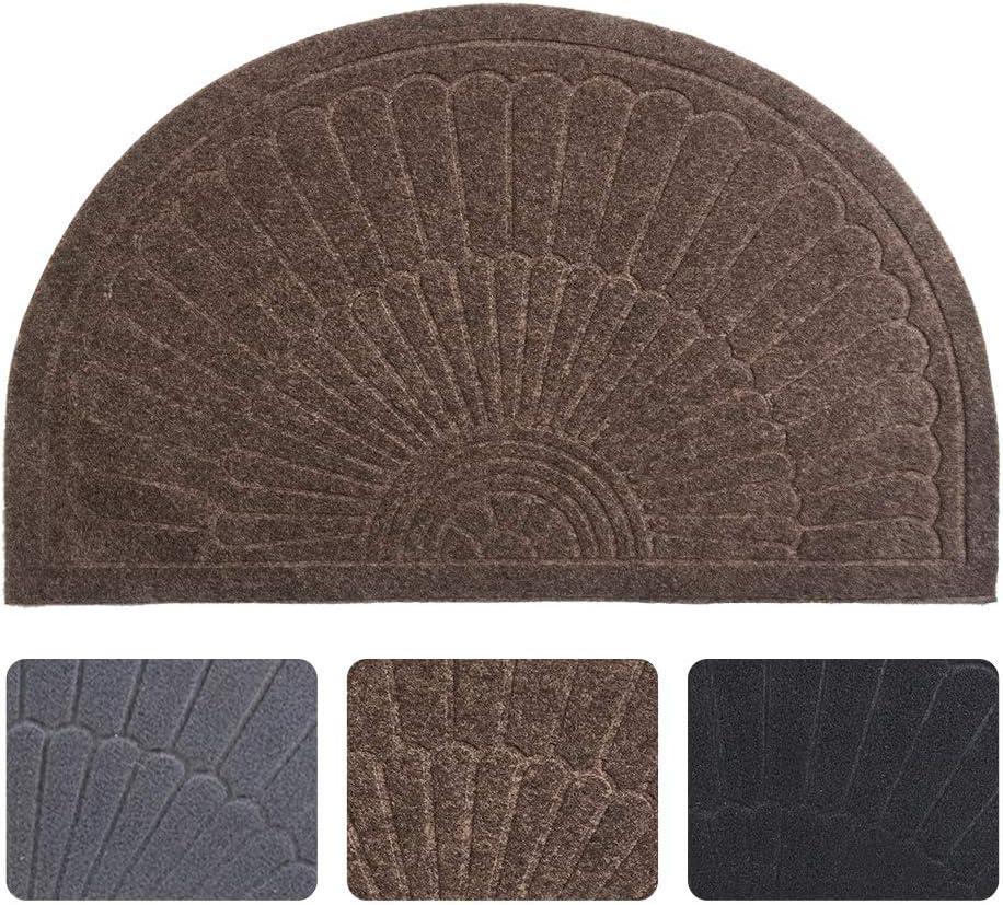 Rubber Doormat Indoor Outdoor Half Round Front Door Mat, Low Profile Welcome Mat with Non Slip Backing Absorbent Shoe Scraper Floor Mat Entry Rug, 18" X 30" (Coffee)