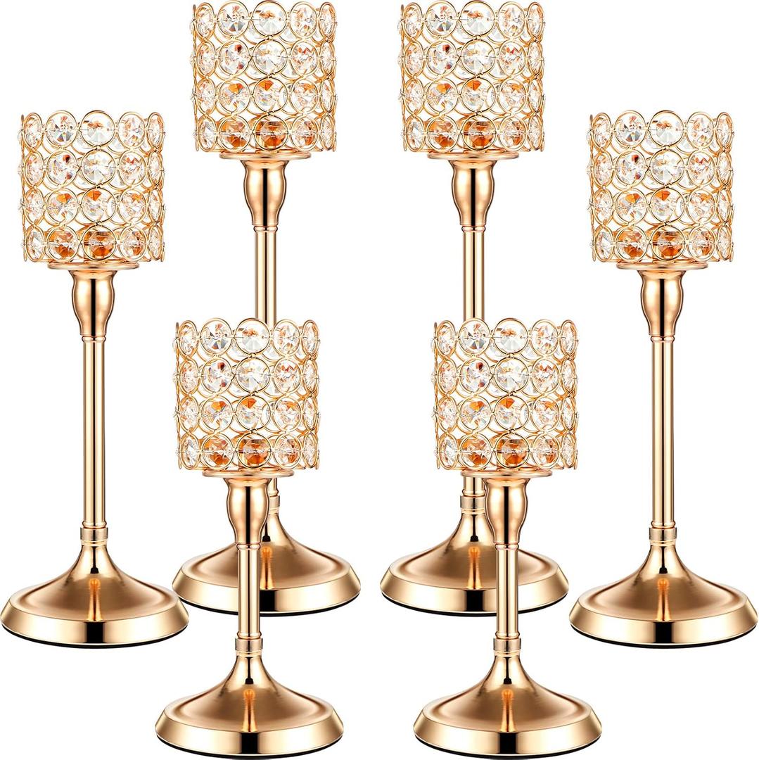 Sieral 6 Pcs Crystal Candle Holders Bulk Tall Tea Light Candlestick Wedding Dining Table Centerpieces for Fireplace Candelabra Living Room Home Decoration(Gold,10'', 12'', 14'')