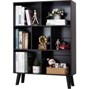 YAHARBO Black Bookshelf,3 Tier Modern Bookcase with Legs,Bookshelves Wood Storage Shelf, Open Book Shelves Cube Organizer,Freestanding Short Bookcases