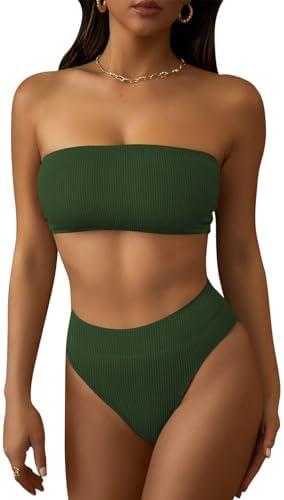 Pink Queen Women's Ribbed High Waisted Bikini Set Removable Strap Bandeau Swimsuit