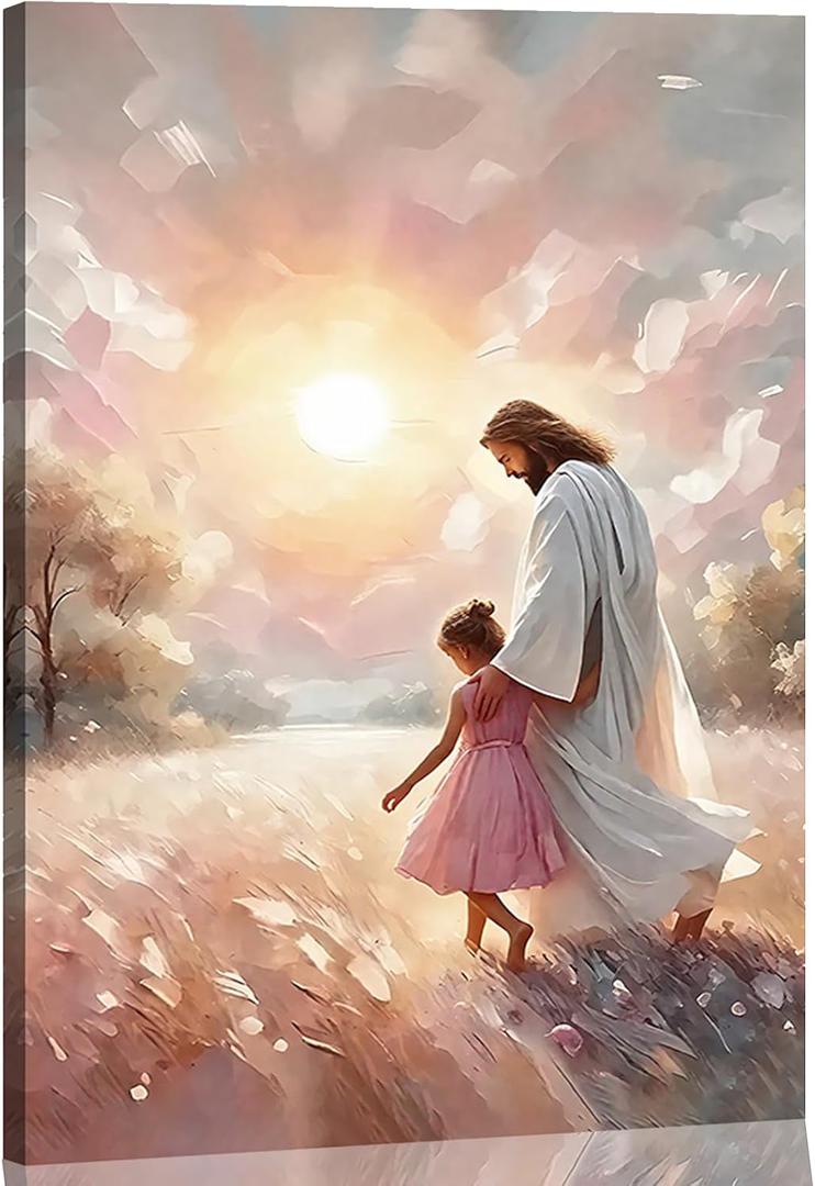 Jesus and Girl Wall Art Christian Poster Painting Jesus and Children Canvas Art Print Soft Pink Sunset Landscape Wall Decor Picture For Baby Girl Room Nursery Room Living Room Bathroom Religious Decorations 12*16 in (Canvas)