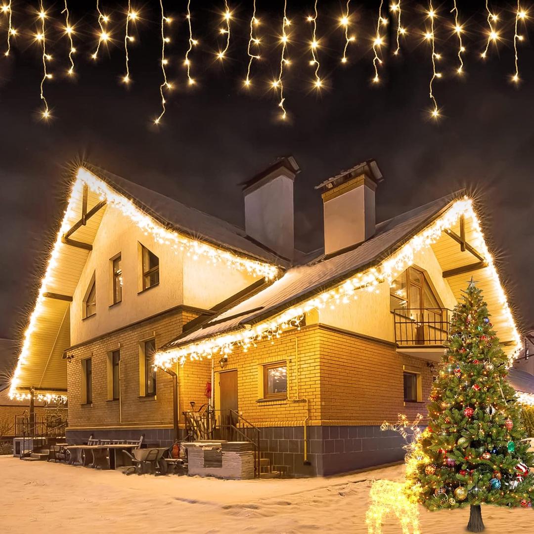 Icicle Christmas Lights, 62FT Icicle String with 144 Drops, Outdoor Fairy Lights for Wedding Patio (Warm White) (720 LED)
