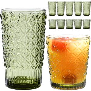 Green Drinking Glasses Set of 12, 14 Oz Highball & 10 Oz Cocktail Glasses, Green Kitchen Vintage Glassware Set, Floral Embossed Glass Tumbler Cups for Coffee, Beer, Water, Whiskey, Juice