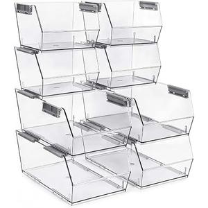 HOMESTEAD Set of 8 Stackable Storage Bins, 4 Large + 4 Small Clear Plastic Organizer Bins, Open Front Design for Kitchen Pantry, Fridge, Cabinet, Bathroom Organization and Bulk Snack Storage