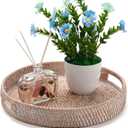 Round Rattan Serving Tray Decorative Woven Ottoman Trays with Handles for Coffee Table White (Small 11.8 inch x 2 inch)