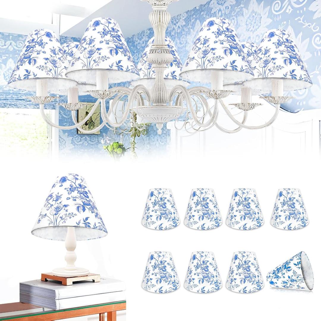 Set of 8 Small Chandelier Shade French Countryside Toile Shade 3" x 6" x 5" Lamp Chimney Cover for Table Chandelier Wall Lamp (Blue-Style 2)