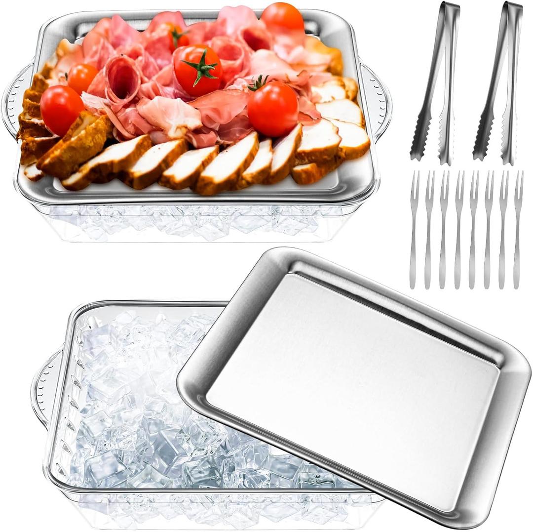 Baderke 2 Set, 9" Chilled Serving Tray for Parties with Compartments Ice Chilled Party Platter Charcuterie Serving Board Cold Dish Dip with Forks Tongs for Fruit Seafood Vegetable Appetizer(Silver)