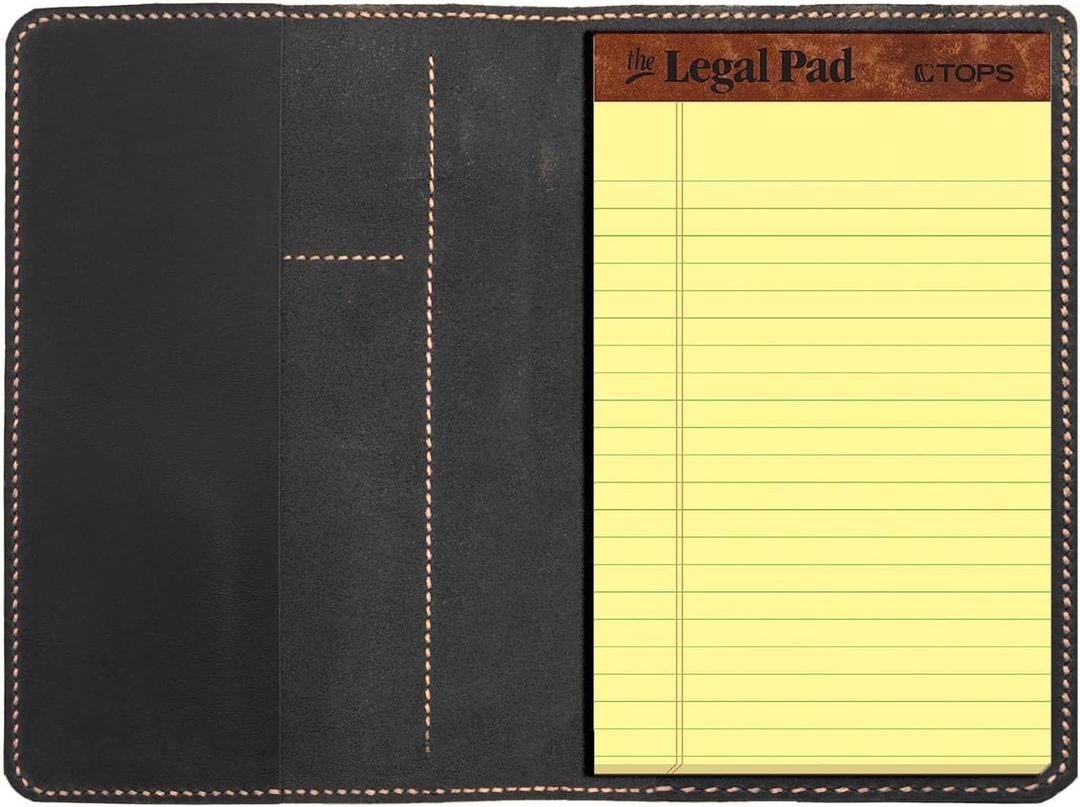 Genuine Leather Notebook Notepad Cover for TOPS The Legal Pad Writing Pads Docket 5" x 8" Cover, retro real leather portfolio folder cover organizer (Black)