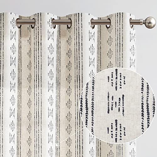 jinchan Boho Curtains Linen Blend Drapes for Living Room Black Farmhouse 84 Inches Long Geometric Striped Mudcloth Grommet Top Curtains 2 Panels Black on Beige