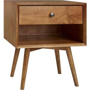 Walker Edison Mid Century Modern Wood Nightstand Side Table Bedroom Storage Drawer and Shelf Bedside End Table, 1 Drawer, Caramel