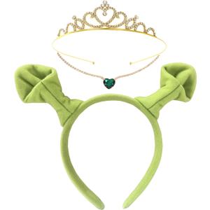 Sheliky 3Pcs Green Ears Headband Princess Crown Necklace Halloween Dress up Costume Accessories Set Women Cosplay Party Supplies