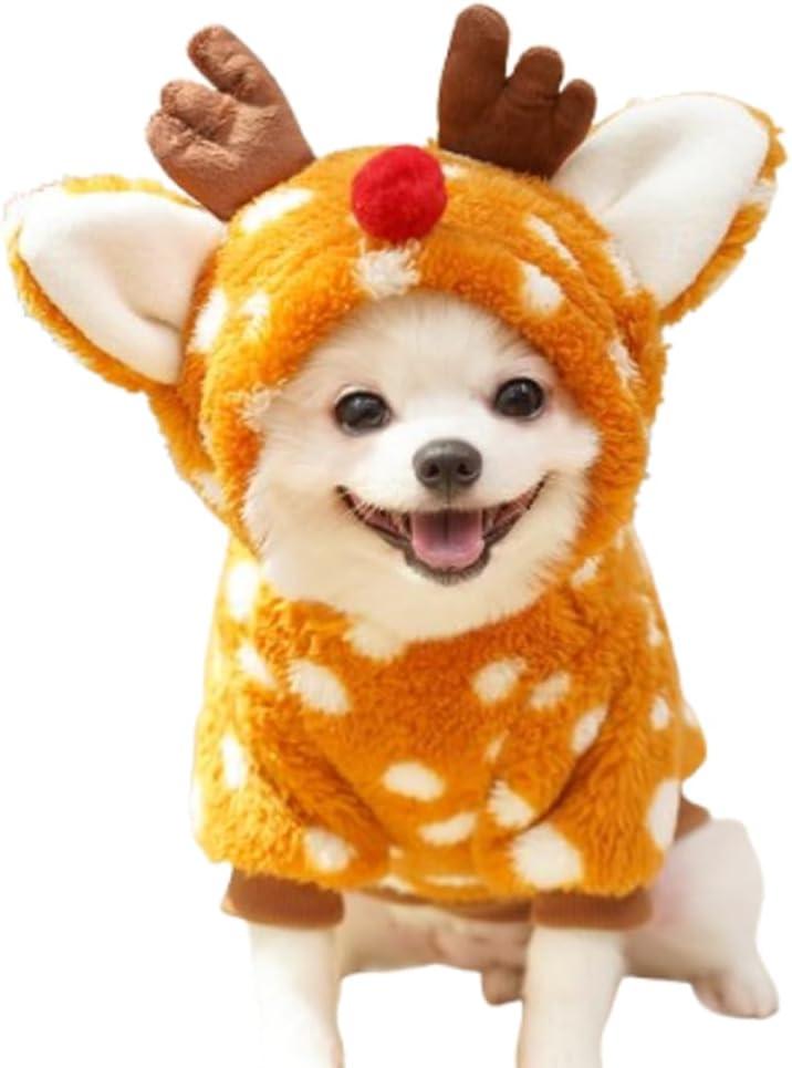 Dog Christmas Outfit with Antlers Funny Dog Reindeer Costume Fleece Puppy Hoodies for Small pet Winter Cat Clothes Pet Elk Costume for Kitten Chihuahua Yorkie (Brown, Medium)