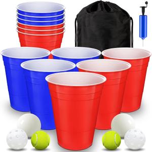 Giant Yard Pong Game Set Durable Giant Cups with Inflatable Pong Balls Pump and Carrying Bag Giant Pong Set for Lawn Beach Camping or Backyard (Blue+ Red)