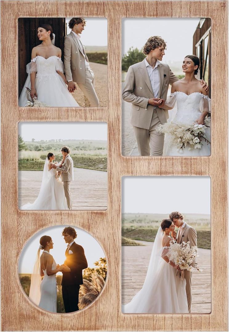 YESKAY 4x6 and 4x4 Collage Picture Frame, Display 5 Openings Photo Frames, Rustic Brown Wood Frame with Real Glass, Family Picture Frames Wall Decor, 1 Pack