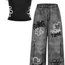 RoseSeek Girl's 2 Piece Summer Outfits Floral Graphic Tees and Wide Leg Pants Set Cute Clothes Streetwear (Black)