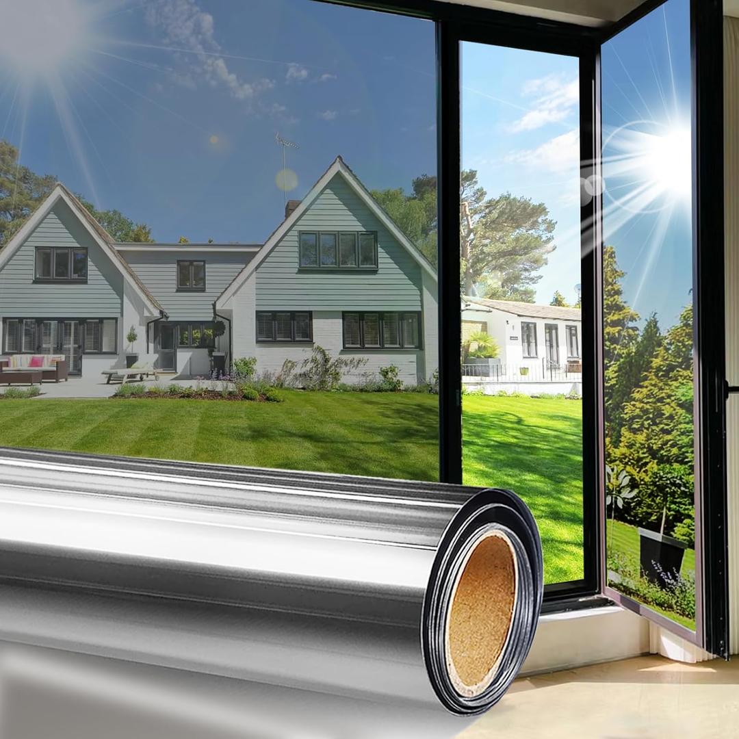 2 x One Way Window Film Sun Blocking for Home, Daytime Privacy Mirror Tint, Heat Blocking & UV Protection 90%, Static Cling No Glue, Reflective Window Tint for Glass Doors(Silver,17.5 x 78.7)