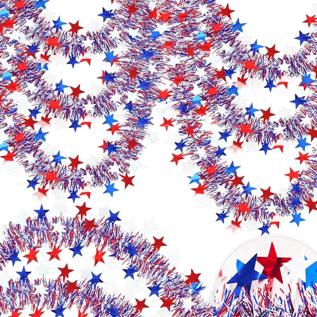 50FT 4th of July Patriotic Tinsel Garland Decorations, Red White and Blue Tinsel with Star Metallic Glitter Hanging Garland for Memorial Day 4th of July Independence Day Indoor Outdoor Decor