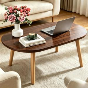 Coffee Table, 31.5" Oval Low Coffee Tables with Solid Wood Legs Walnut, 31.5"D x 19.7"W x 16.3"H