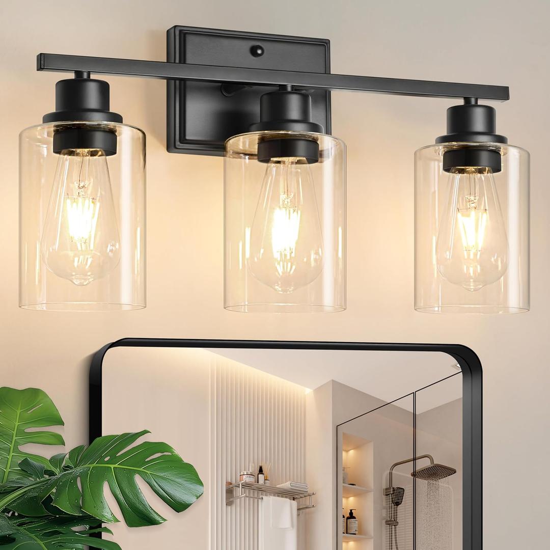 Unicozin 3 Light Bathroom Light Fixtures, Modern Vanity Lights Over Mirror, Black Wall Lamp with Clear Glass for Living Room Cabinet Bedroom Porch