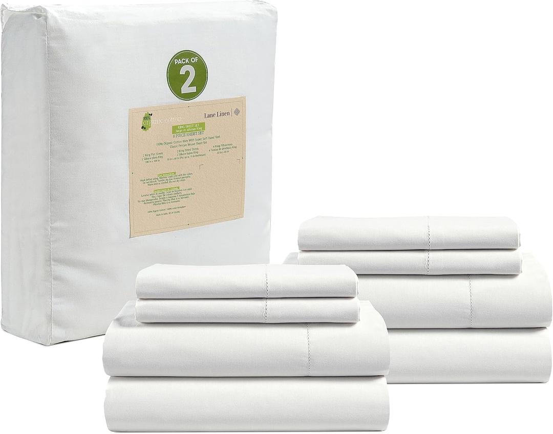 LANE LINEN 100% Organic Cotton King Sheet Set, 4Pc Cotton Sheets King Size, Breathable Bedding Sheet & Pillowcases, Hotel Luxury Bed Sheets Set, 15" Deep Pocket - White King Sheets (2 Pack)