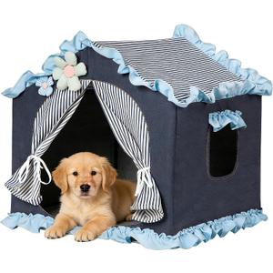Denim Blue Indoor Dog House with Frame and Princess Style Cat Houses for Indoor Cats, Breathable Washable Cat Bed & Cat Tent, M Size (171717 Inches) for 8-20 lbs. Pets.