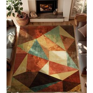 YIHOUSE Brown Area Rug 8x10, Geometric Area Rug,Burnt Orange Area Rug Non Slip,Farmhouse Rugs Washable,Vintage Burgundy Rugs for Living Room, Boho Area Rug for Kitchen,Dining Room,Bedroom