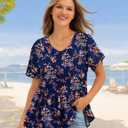 YESNO Women's Summer Tops Casual V Neck Babydoll Blouses Floral Short Sleeve Peplum Shirts TH2 (L)