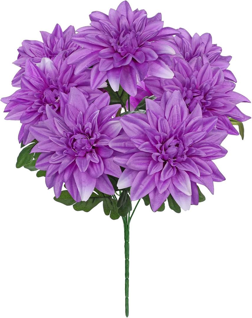 Hollyone Purple Artificial Dahlia Flowers Bush 7 Heads Silk 15.7" Fake Dahlias Flowers Wedding Bouquets Faux Dahlia Flowers Floral Arrangements for Outdoor Indoor Party Table Centerpieces Home Decor