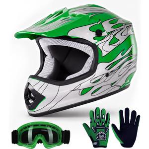 TCT-MOTORPARTS Green Flame DOT Kids Youth Motocross Helmets ATV Off-Road Dirt Bike Motorcycle Full Face Helmet+Gloves+Goggles Large