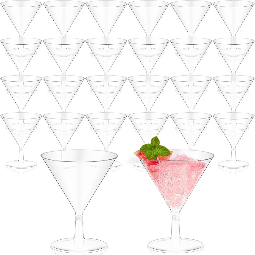 Yinkin 24 Pcs 2 oz Plastic Martini Glasses Disposable Clear Cocktail Dessert Parfait Glasses Unbreakable Mini Martini Cups for Wedding Party Bowl Wine Ice Cream (Stem)