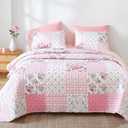 YIKUSH Floral Quilt Set Twin Size Ultra Soft Lightweight Bedspread, 2 Piece Pink Bedding Set (66"x90") with Pillowcases (20"x26"), All Season Coverlet for Bedroom & Guest Room