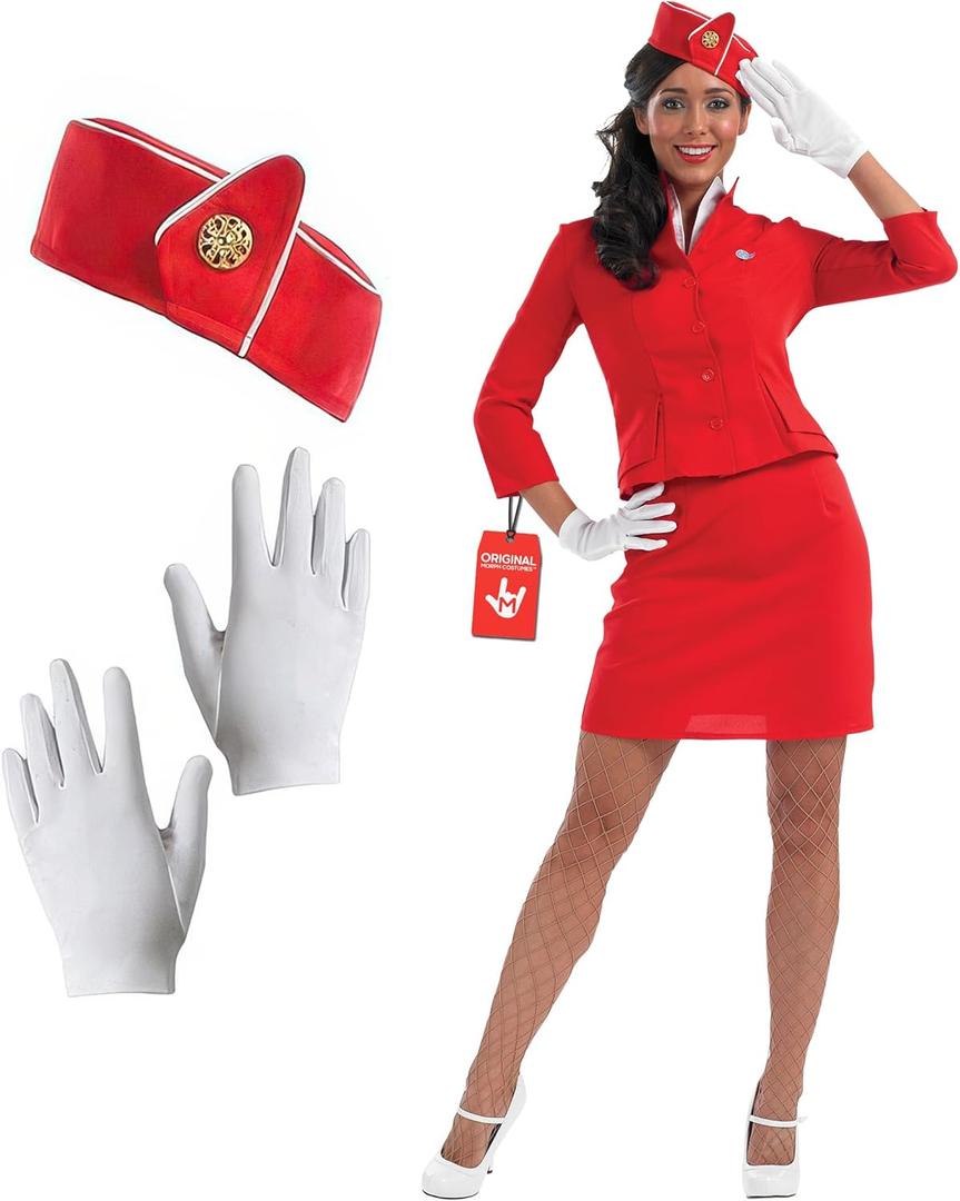 fun shack Flight Attendant Costume Women Red, Retro Airline Stewardess Outfit for Women, Vintage Stewardess Attire (Large)