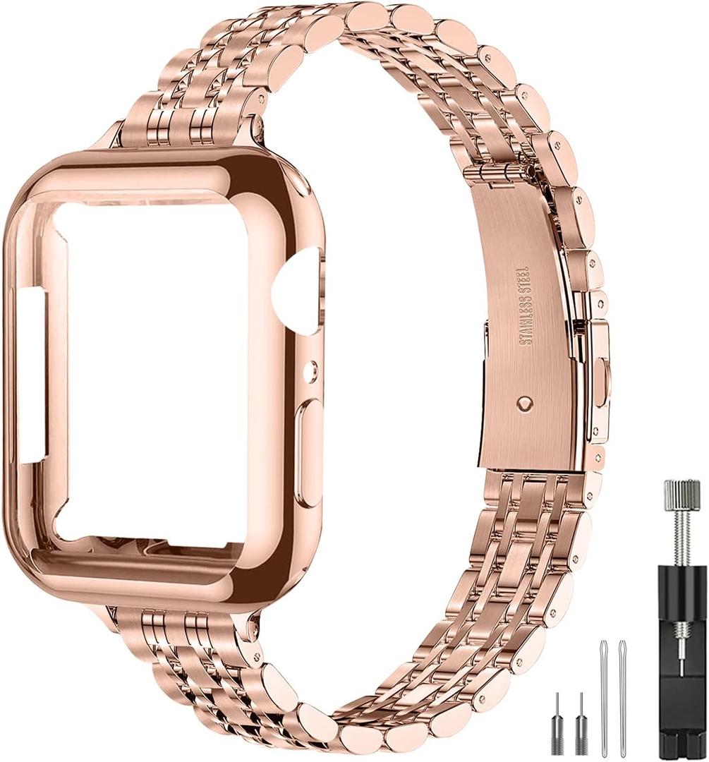 Slim Watch Band Compatible with Apple Watch 41mm 45mm 42mm 44mm 40mm 38mm Metal Stainless Steel Watchband Suitable for iWatch 10/9/8/7/6/5/4/3/2/1/SE Series Women Luxury Strap (38mm 40mm 41mm, Rose gold)