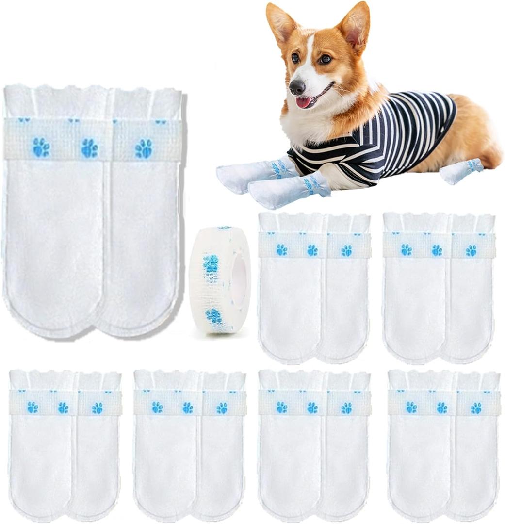 12Pcs Disposable Dog Booties for Paw Protection Dog Feet Covers Pet Shoes for Dogs Paw Wound Recovery Protectors with 1 Roll Dog Paw Bandage for Medium Large Dogs (Blue)