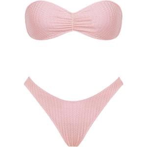Women's Triangle Bikini Set Strapless Textured Bandeau Solid Cheeky Two Piece Swimsuit Bathing Suit (S)
