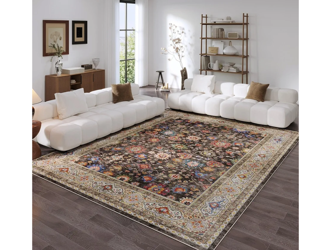 Rugcomf Living Room Rug 5x7 Rug Machine Washable Boho Area Rug Non Slip Vintage Low Pile Large Rugs for Living Room, Bedroom, Farmhouse, Dining Room, Kids Playroom (Dark Espresso)