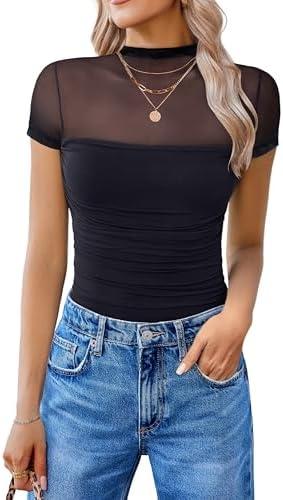Avidlove Women's Short Sleeve Bodysuit Turtle Neck Body Suits Mesh One Piece Leotard Going Out Tops Date Outfits, L