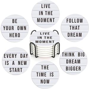 Coasters Set with Holder, 6 Pcs Motivation Quote Absorbent Ceramic Drink Pads, Non-Slip Table Protectors for Coffee & Glasses