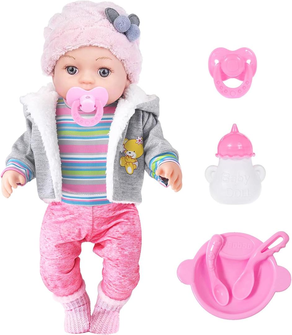 12 Inch Baby Doll - 12" Lifelike Baby Doll with 3-Piece Outfits, 4 Accessories & Feeding Playset - Realistic Rosy Cheeks & Blue Eyes, for Kids (Cute Pink)
