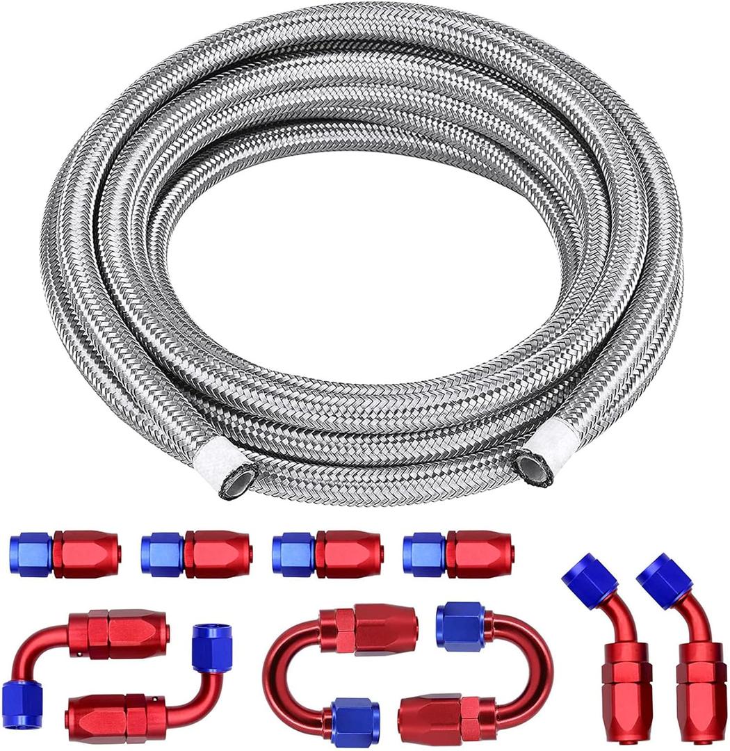 6AN 20FT PTFE Fuel Line Fitting Kit, E85 Oil Fuel Gas Hose Stainless Steel Braided Fuel Hose with 10PCS Aluminum Swivel Fuel Hose End Fitting Adapter Kit - Red & Blue