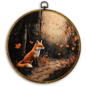 CUANFDDSF Vintage Fall Moody Fox Round Wall Art, Farmhouse Autumn Forest Fox Framed Hanging Wall Decor, Rustic Wild Animal Canvas Prints Decorations for Home Bedroom Living Room, 10x10 Inch
