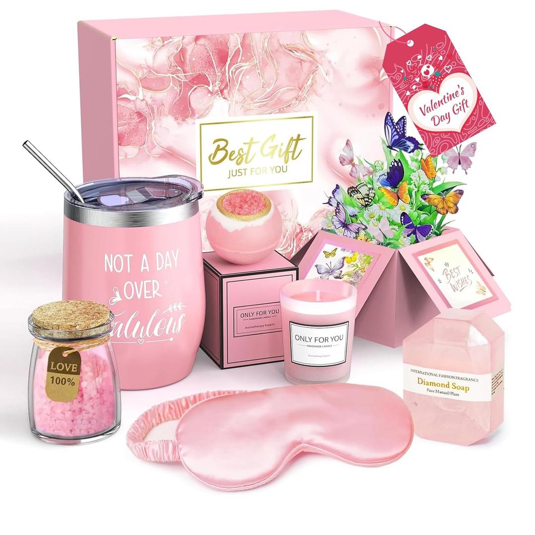 Spa Gift Basket with Bath Essentials- Pink Rose Relaxation Kit Set, Birthday Spa Items Box for Women, Wife, Mom, Sister, Mom, Her, Friends