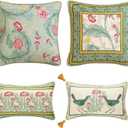 patdrea Designer Pack of 4 Throw Pillow Covers,French Vintage Rustic Linen with Green Floral Pattern Pillows Cover,Decorative Lumbar Square Pillowcases Cushion for Bed Living Room Outdoor Car