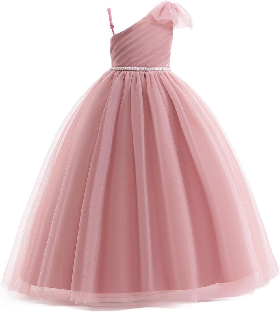 Tulle Flower Girls Dress One Shoulder Formal Princess Wedding Pageant Birthday Party Holiday Ball Gown Dresses (6-7 Years, Dusty Pink 1)